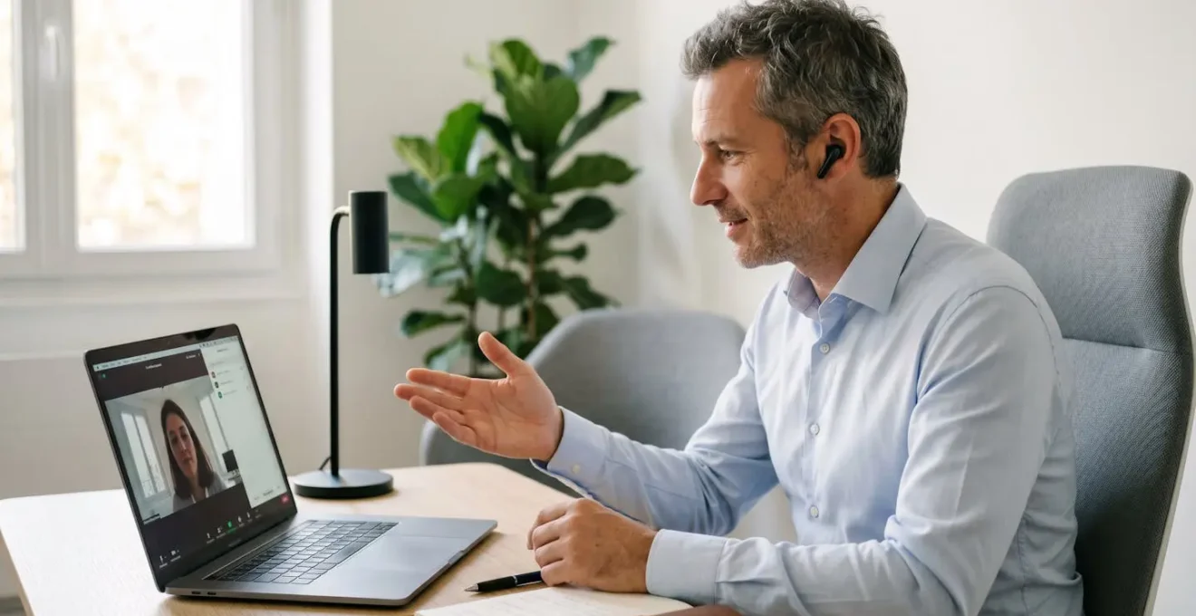 Avocat en consultation vidéo sur ordinateur portable dans un bureau moderne, utilisant la visioconférence pour un échange juridique à distance