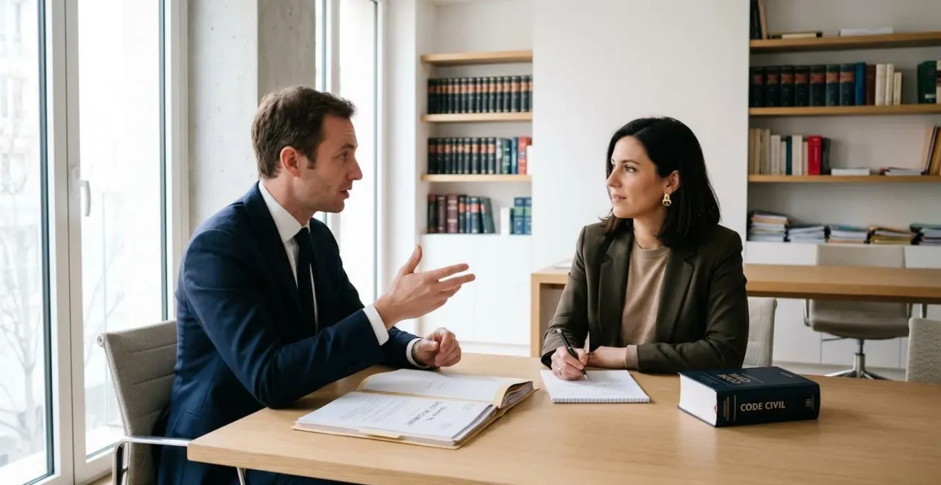 Avocat français en consultation avec une cliente dans un bureau contemporain, discutant d'un dossier juridique avec documents ouverts sur le bureau