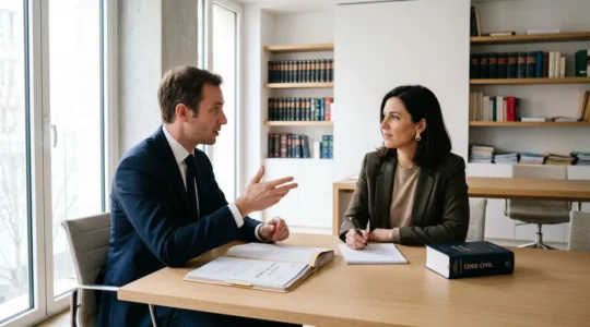Avocat français en consultation avec une cliente dans un bureau contemporain, discutant d'un dossier juridique avec documents ouverts sur le bureau