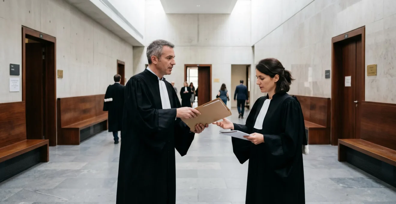 Deux avocats en robe noire échangeant des dossiers juridiques dans le couloir d'un tribunal judiciaire français