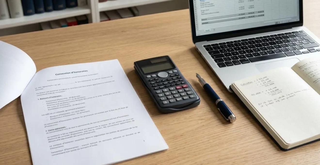Convention d'honoraires d'avocat ouverte sur un bureau avec calculatrice, ordinateur portable et documents budgétaires